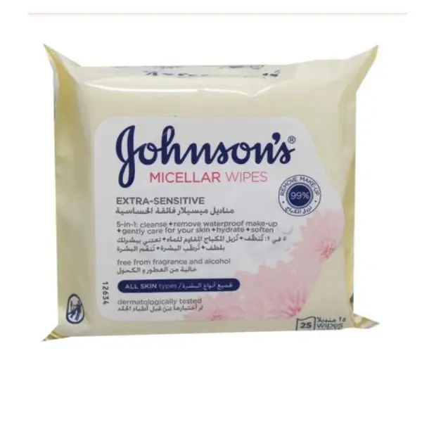 J&J MICELLAR WIPES ALL SKIN TYPES _25 مناديل ميسيلار من جونسون آند جونسون لجميع أنواع البشرة *25