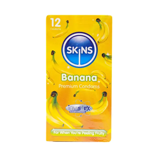 SKINS BANANA CONDOM 12 PCS واقي ذكري بنكهة الموز من سكينز، 12 قطعة